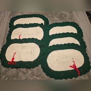 Vintage Handmade Green and Cream Crochet Placemats Set Of 6